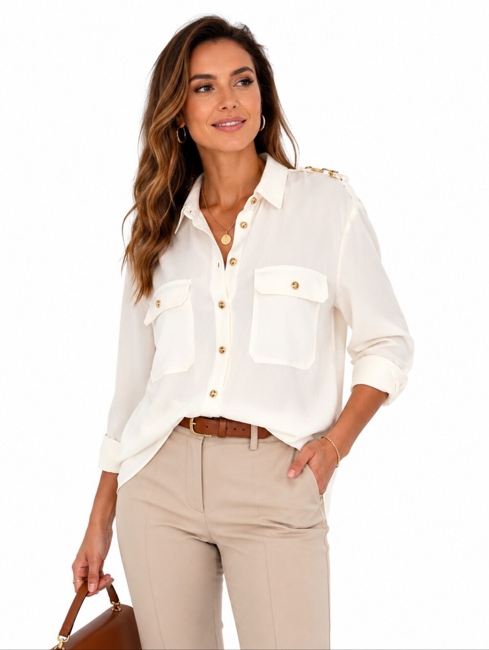 Zara Crepe Shirt Size S Ecru Gold Button Shoulder Detail Blouse